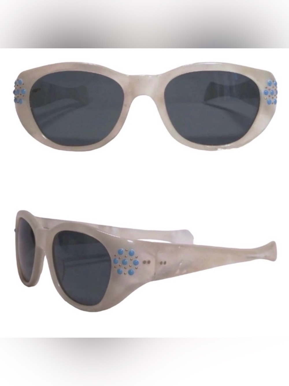 1950’s Decorated French Sunglasses‎ Pearlescent White & Blue, Handmade in Paris